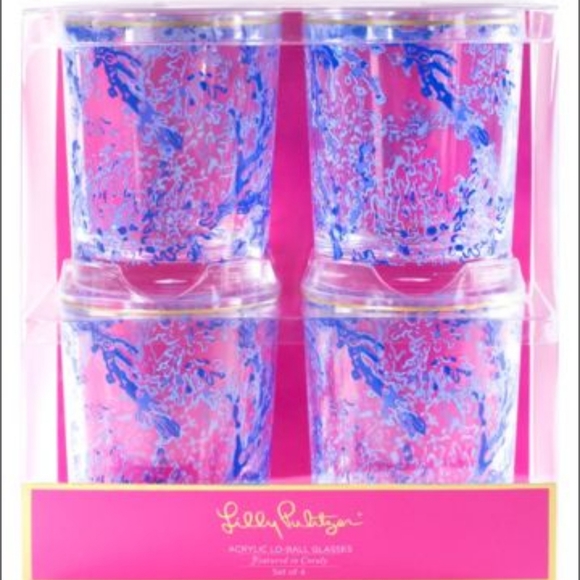 Lilly Pulitzer Other - Lilly Pulitzer CLEAR & BLUE Coraly 4 Low-Ball Glasses Set